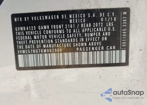 2019 Volkswagen Jetta 1.4T R-Line/1.4T S/1.4T Se z USA, uszkodzony, nr VIN 3VWC57BU7KM002008